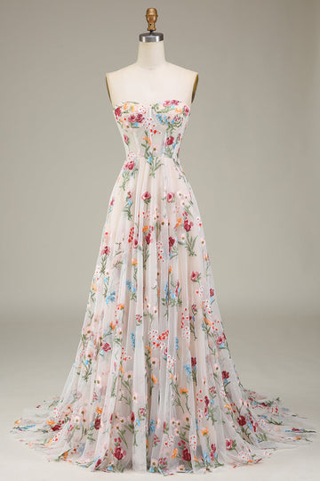 A-Line Sweetheart Long Corset Ball Dress With Flower